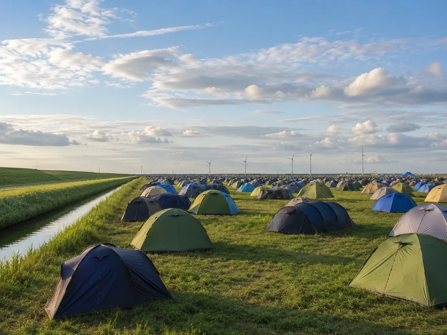 Kampeerterrein op polderland, een kaarsrechte sloot en een lage dijk links, windturbines aan de verre horizon, tentenrijen op sappig groen gras