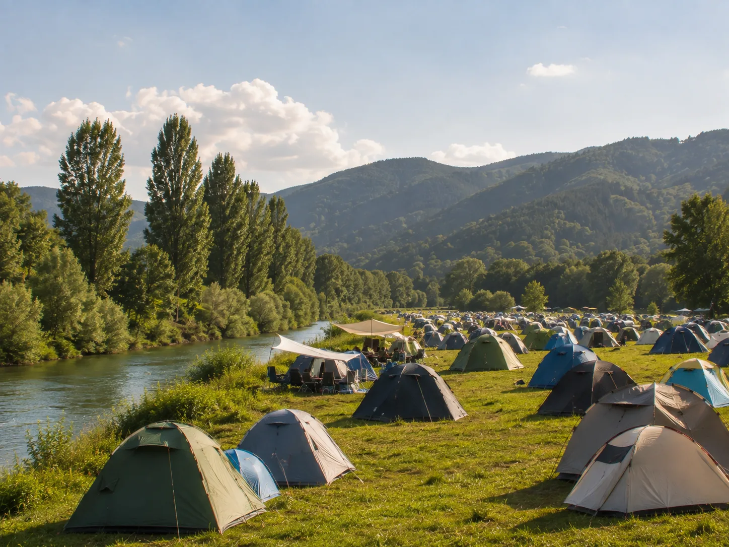Kampeerterrein op een rivierweide, een groene rivier met oeverbegroeiing links, een beboste bergrug op de achtergrond, een gespannen schaduwdoek tussen de tenten