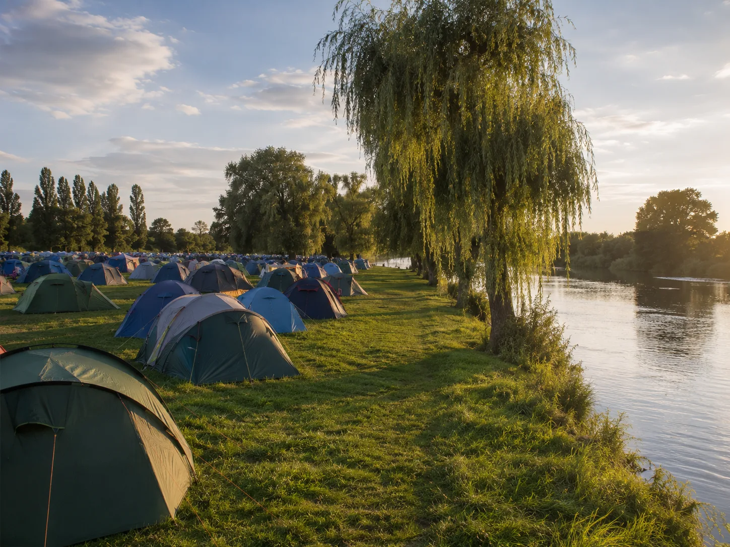 Kampeerterrein op een rivierweide in avondlicht, grote treurwilgen langs de oever rechts, rustig water, lange rijen tenten op weelderig gras