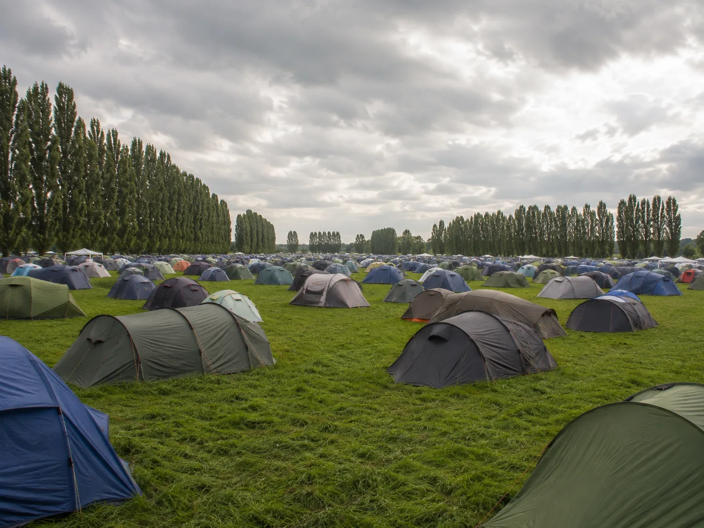 Kampeerterrein op zeer groen vlak grasland, rijen hoge populieren als windsingel langs de akkerranden, dicht tentenveld tot de horizon, bewolkte hemel