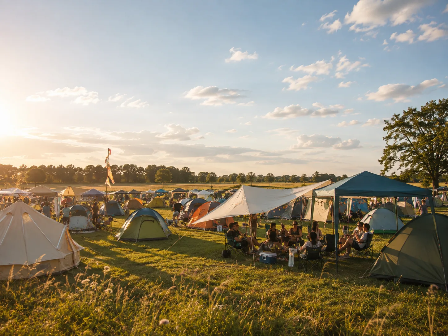 Kampeerterrein op een weids weiland in avondlicht, kleurrijke koepeltenten, partytenten en kampeerstoelen, bomenrij aan de horizon