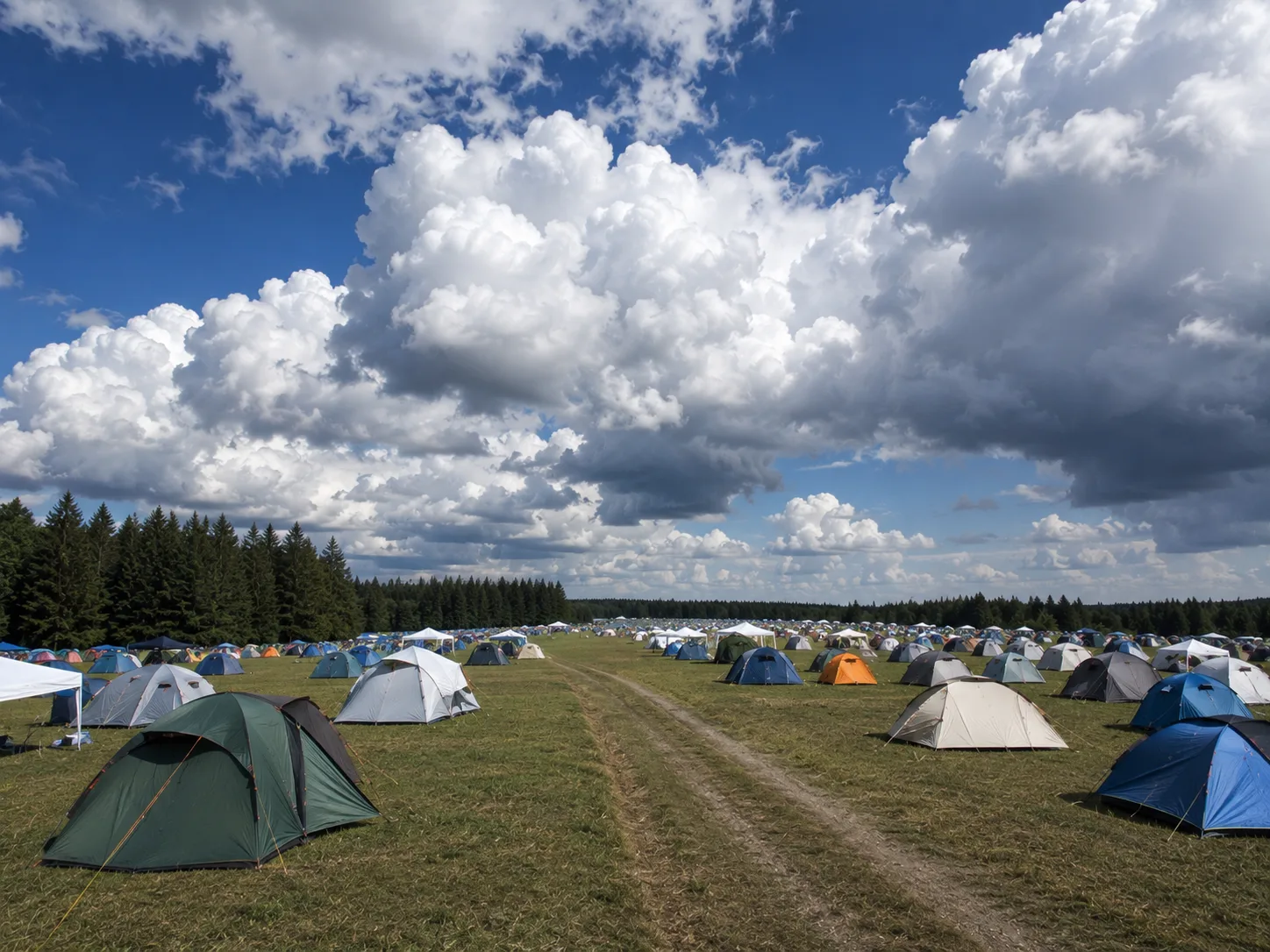 Kampeerterrein op een weids vlak weiland met een karrenspoor, machtige witte stapelwolken boven een donkere naaldbosrand aan de horizon
