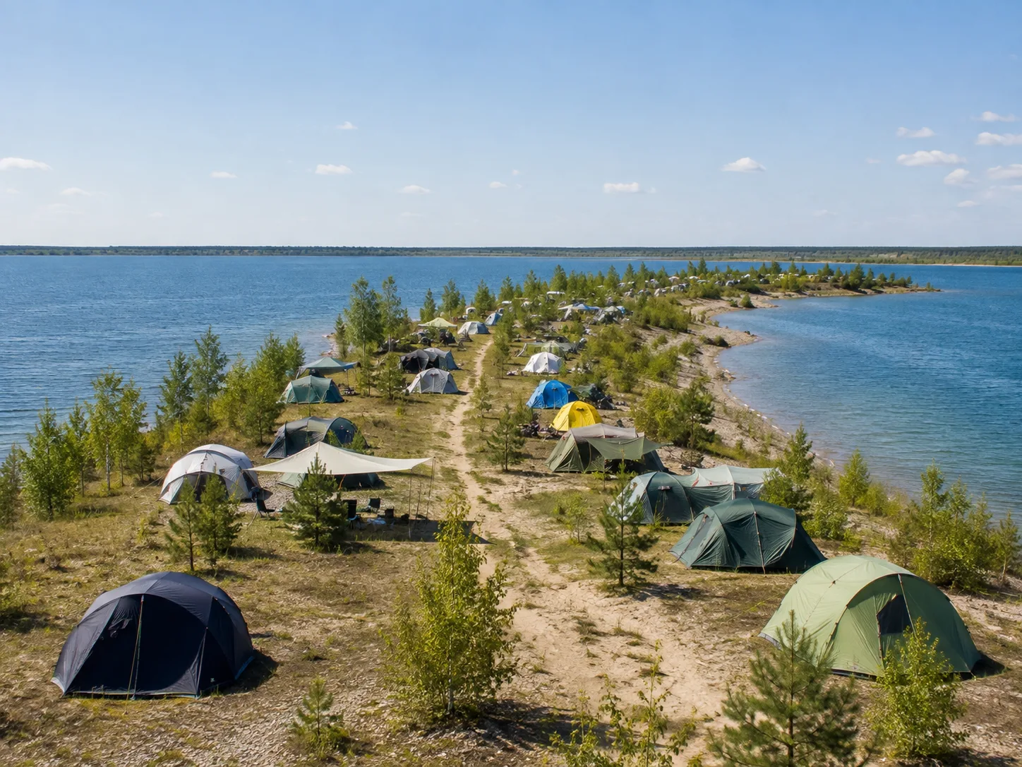 Kampeerterrein op een smal schiereiland, water aan beide zijden, jonge dennen en lichte zandgrond tussen de tenten, vlakke beboste horizon