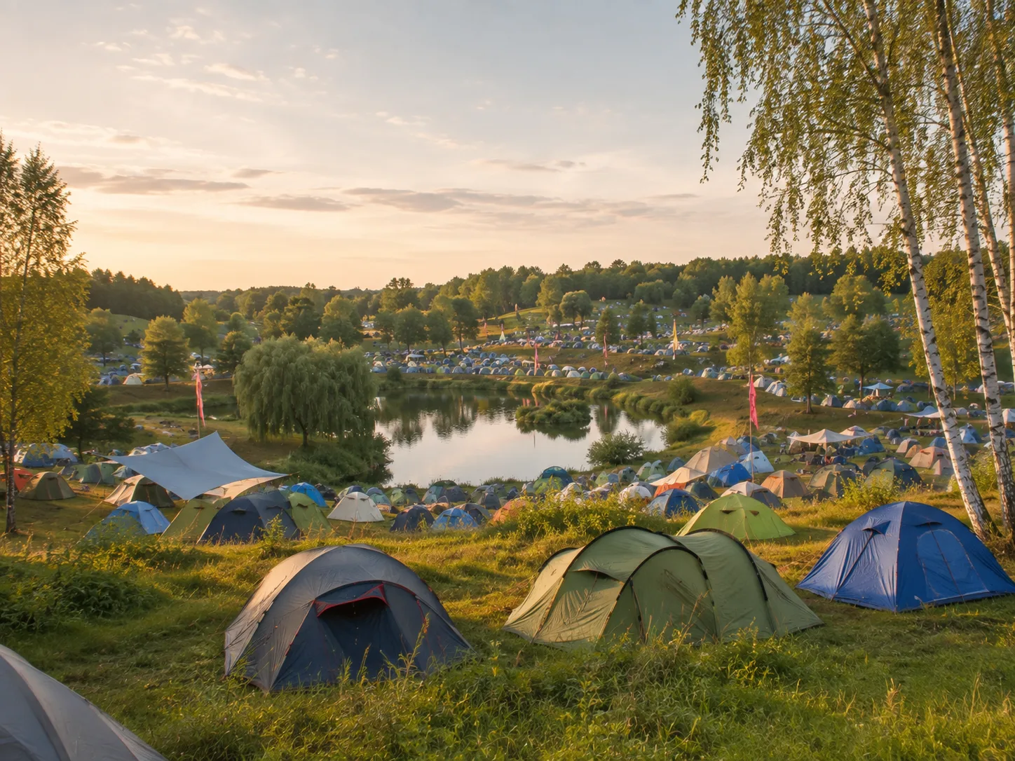 Kampeerterrein rond een kleine vijver in heuvelachtig parkgebied, berken en wilgen tussen kleurrijke tenten, warm gouden avondlicht, wimpels aan dunne masten